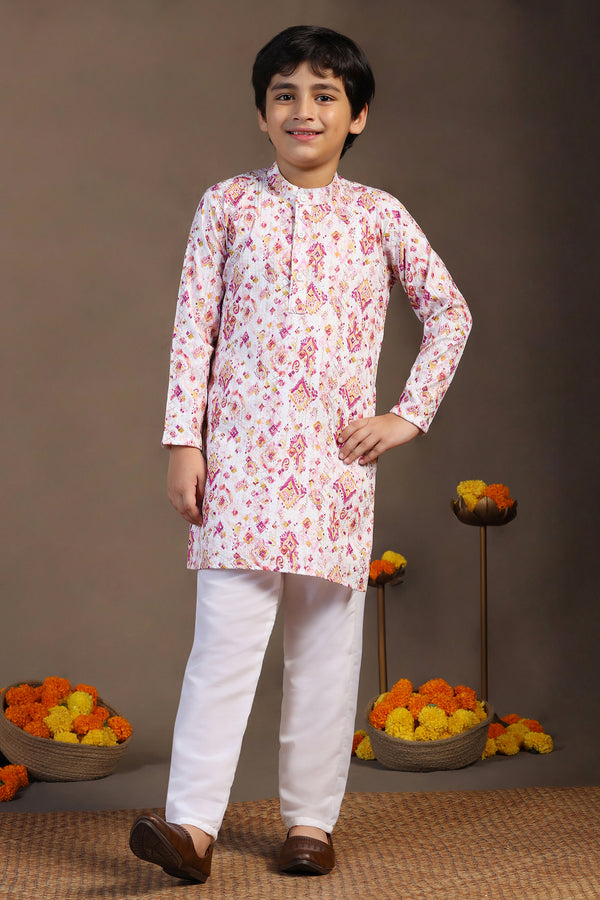 Boys Purple Cotton Blend Digital Geometric Printed Straight Kurta With Payjama Set