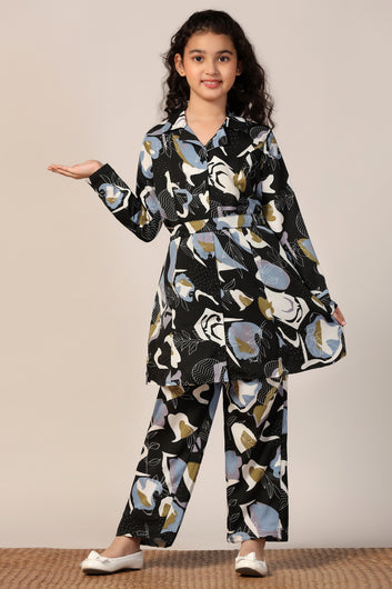 Girl's Black Reyon abstract Printed Clothing Set for Girls