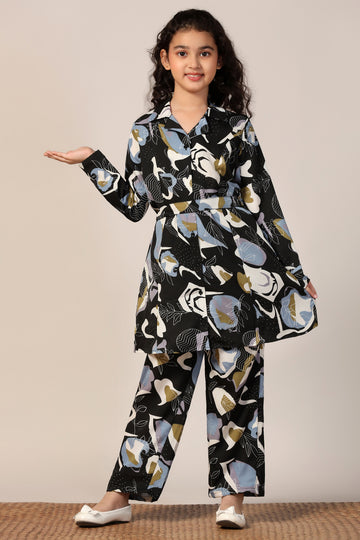Girl's Black Reyon abstract Printed Clothing Set for Girls