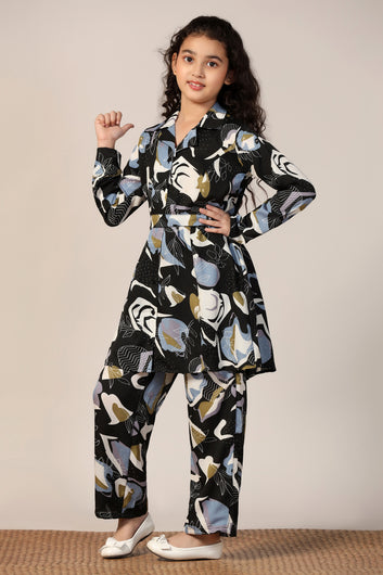 Girl's Black Reyon abstract Printed Clothing Set for Girls