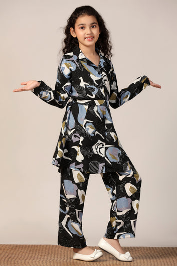 Girl's Black Reyon abstract Printed Clothing Set for Girls