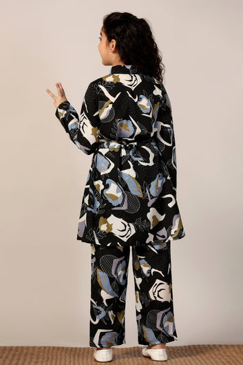 Girl's Black Reyon abstract Printed Clothing Set for Girls