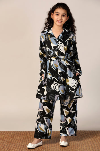 Girl's Black Reyon abstract Printed Clothing Set for Girls