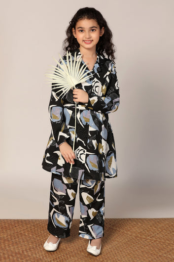 Girl's Black Reyon abstract Printed Clothing Set for Girls