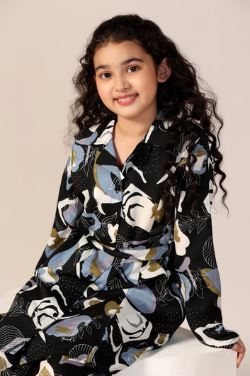 Girl's Black Reyon abstract Printed Clothing Set for Girls