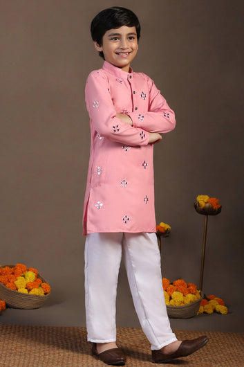 Boys Pink Cotton Blend Embroidered Straight Kurta With Payjama Set