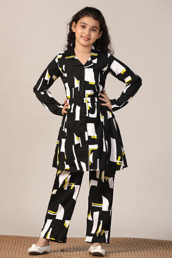 Girl's Black Reyon abstract Printed Clothing Set for Girls