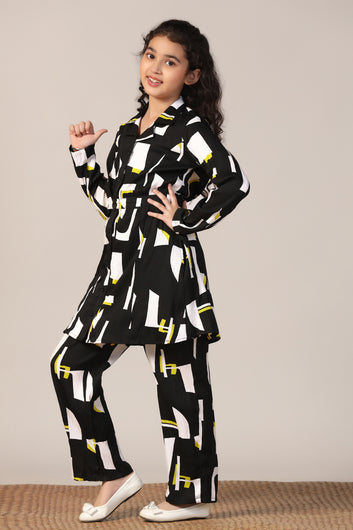 Girl's Black Reyon abstract Printed Clothing Set for Girls