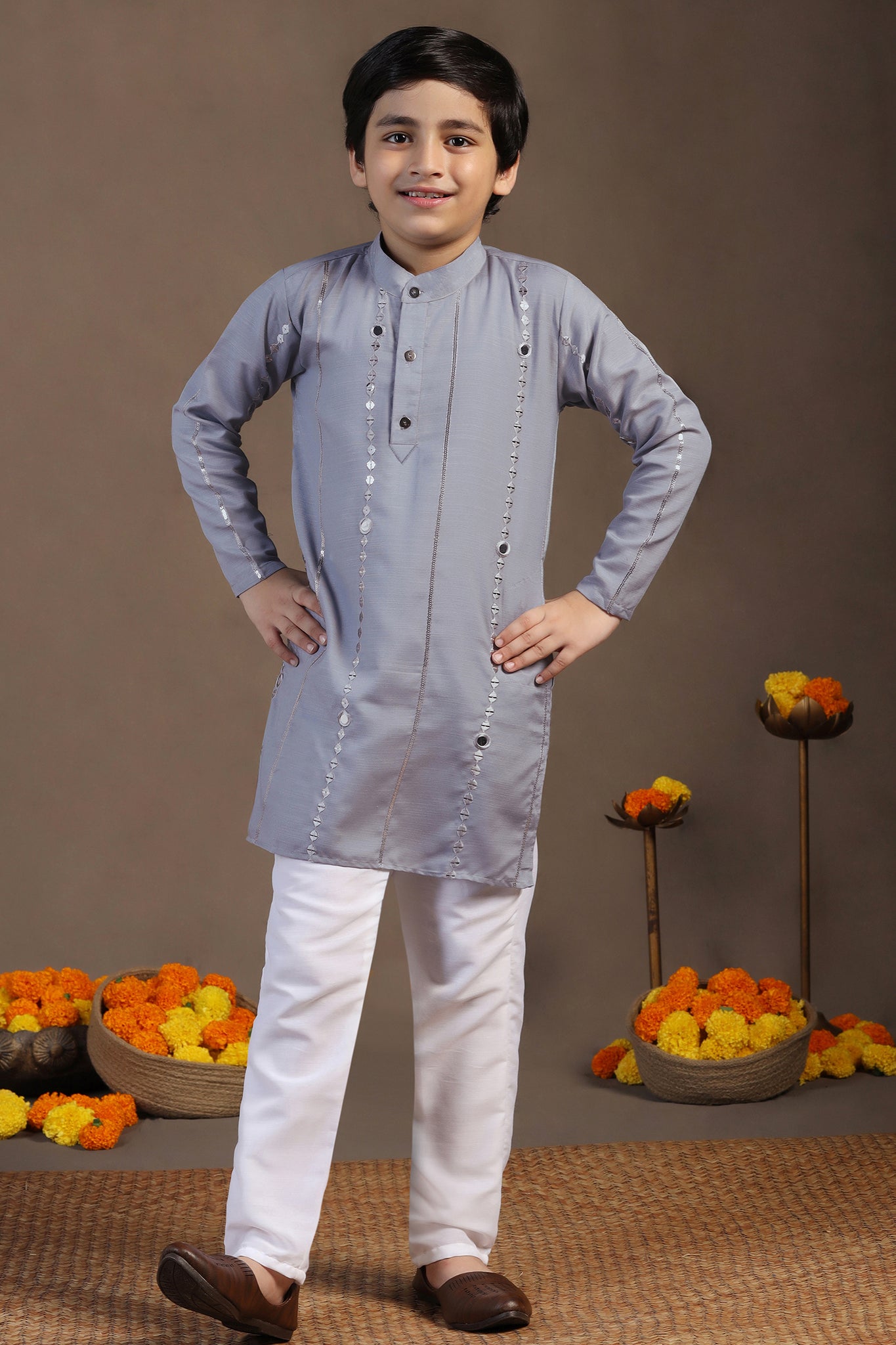 Boys Grey Cotton Blend Embroidered Straight Kurta With Payjama Set