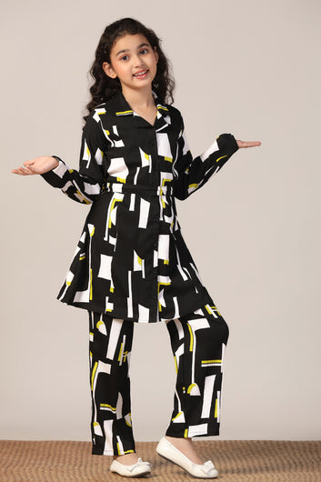 Girl's Black Reyon abstract Printed Clothing Set for Girls