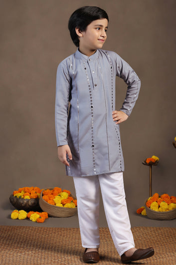 Boys Grey Cotton Blend Embroidered Straight Kurta With Payjama Set