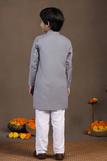 Boys Grey Cotton Blend Embroidered Straight Kurta With Payjama Set