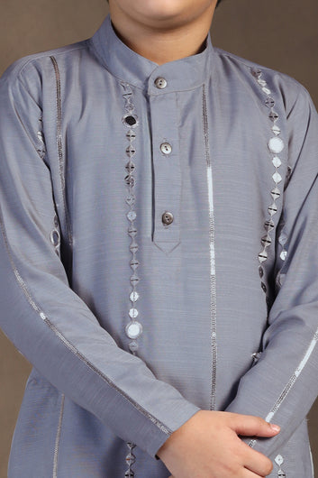 Boys Grey Cotton Blend Embroidered Straight Kurta With Payjama Set