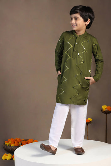 Boys Olive Cotton Blend Embroidered Straight Kurta With Payjama Set