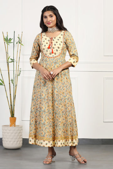 Womens Beige Cotton Floral Printed Anarkali Maxi Length Kurta