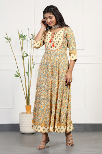 Womens Beige Cotton Floral Printed Anarkali Maxi Length Kurta