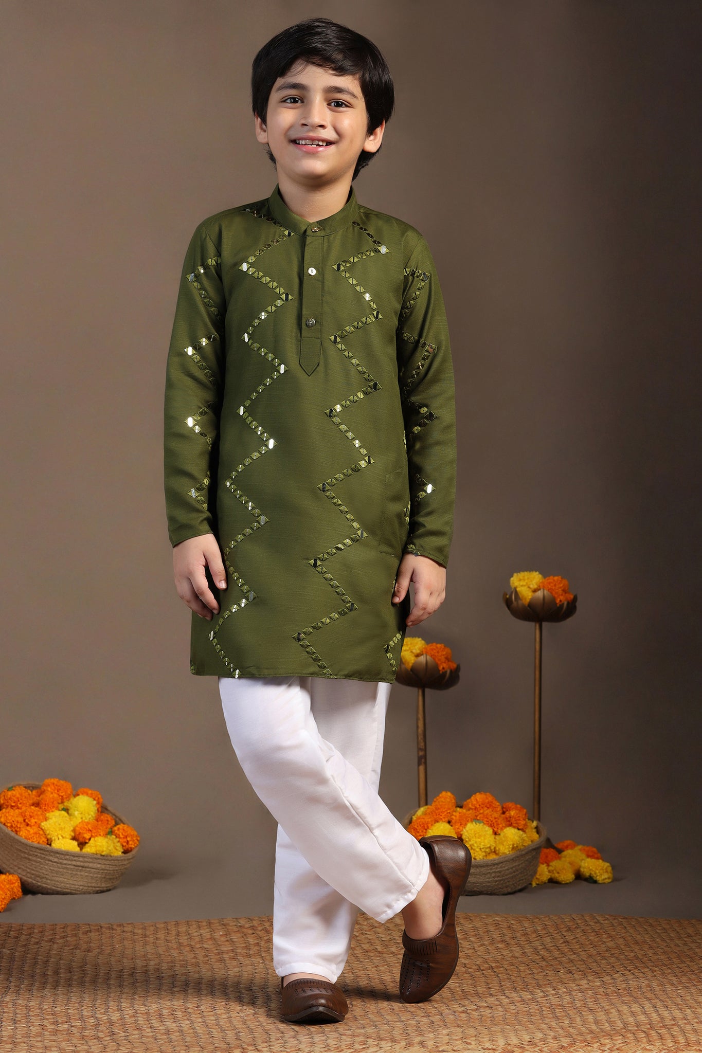 Boys Olive Cotton Blend Embroidered Straight Kurta With Payjama Set