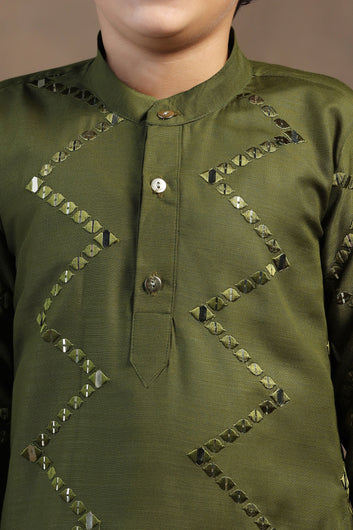 Boys Olive Cotton Blend Embroidered Straight Kurta With Payjama Set