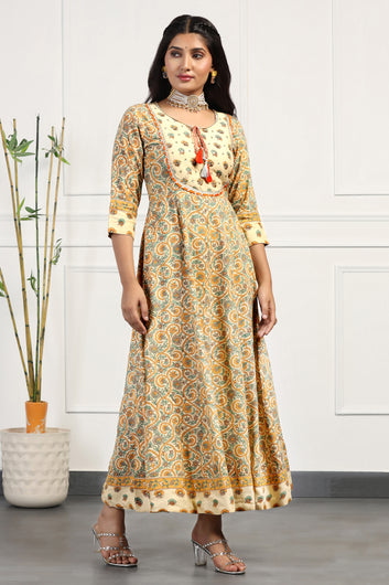 Womens Beige Cotton Floral Printed Anarkali Maxi Length Kurta