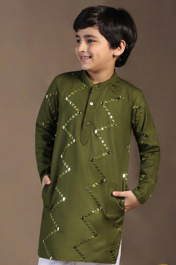 Boys Olive Cotton Blend Embroidered Straight Kurta With Payjama Set