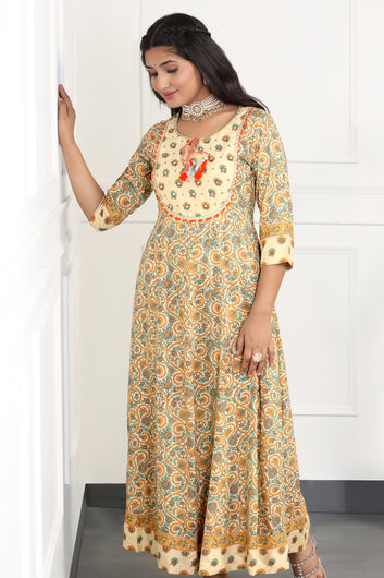 Womens Beige Cotton Floral Printed Anarkali Maxi Length Kurta