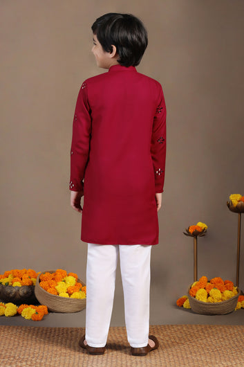 Boys Red Cotton Blend Embroidered Straight Kurta With Payjama Set