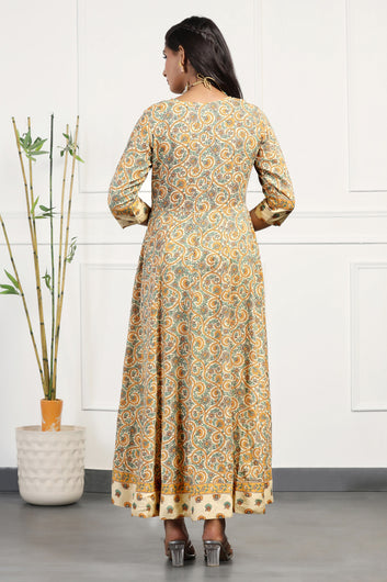 Womens Beige Cotton Floral Printed Anarkali Maxi Length Kurta