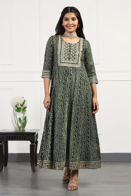 Womens Green Cotton Bandhani Printed Anarkali Maxi Length Kurta