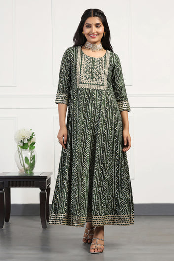 Womens Green Cotton Bandhani Printed Anarkali Maxi Length Kurta