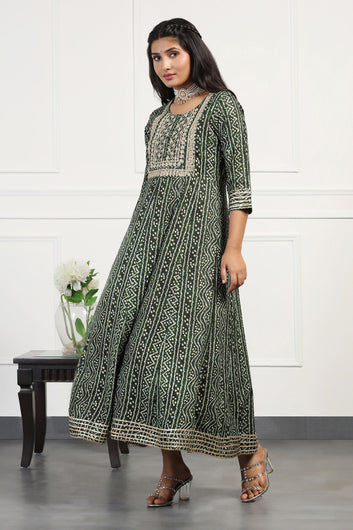 Womens Green Cotton Bandhani Printed Anarkali Maxi Length Kurta