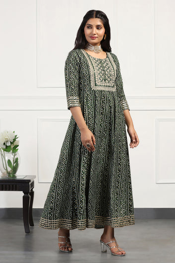 Womens Green Cotton Bandhani Printed Anarkali Maxi Length Kurta