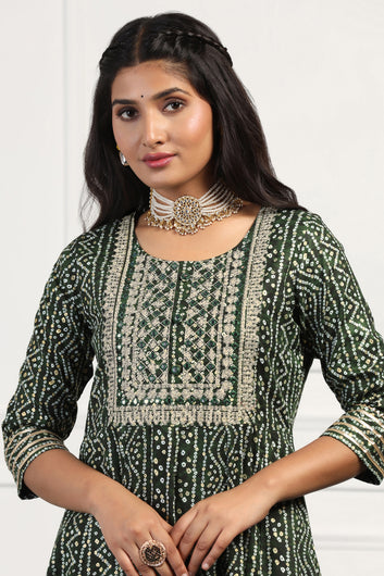 Womens Green Cotton Bandhani Printed Anarkali Maxi Length Kurta