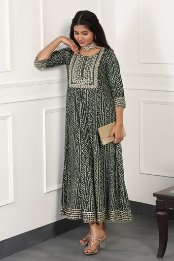 Womens Green Cotton Bandhani Printed Anarkali Maxi Length Kurta