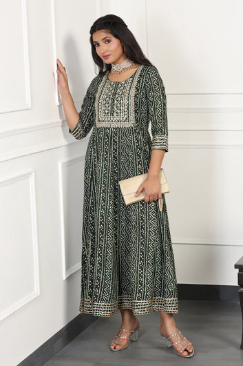 Womens Green Cotton Bandhani Printed Anarkali Maxi Length Kurta