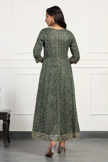 Womens Green Cotton Bandhani Printed Anarkali Maxi Length Kurta