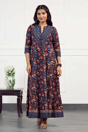 Womens Navy Blue Cotton Floral Printed Anarkali Maxi Length Kurta