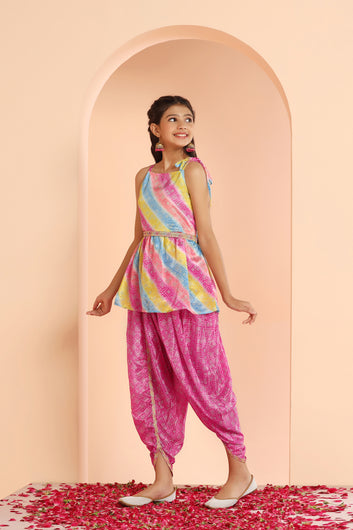 Girl's Chinon Bandhani Printed Tunic Top And Dhoti Pant Set