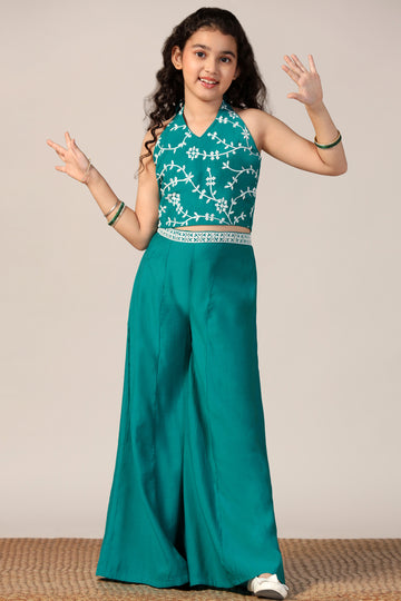 Girl's Teal Silk Blend Embroidered Crop Top and Palazzo Set