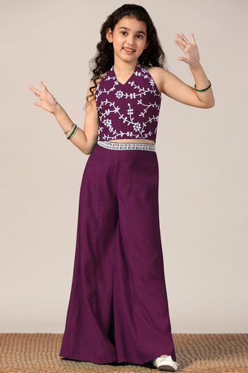 Girl's Win Silk Blend Embroidered Crop Top and Palazzo Set