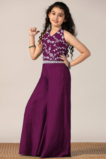 Girl's Win Silk Blend Embroidered Crop Top and Palazzo Set