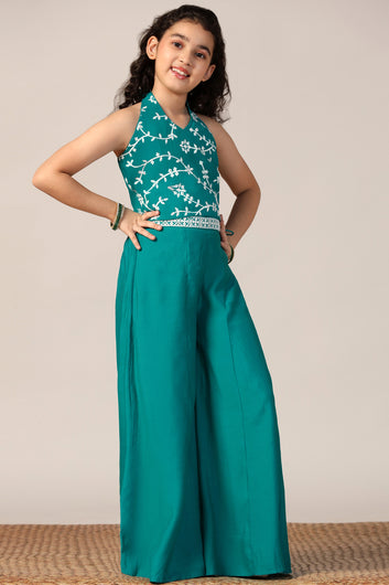 Girl's Teal Silk Blend Embroidered Crop Top and Palazzo Set