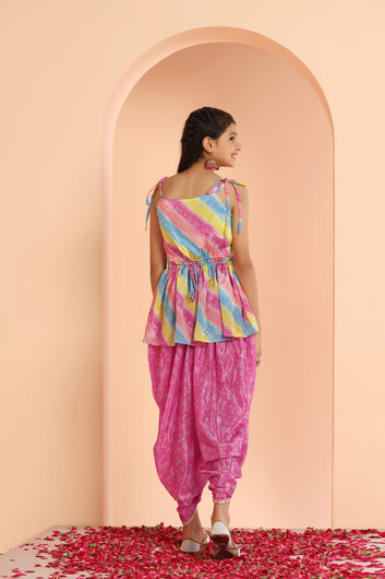 Girl's Chinon Bandhani Printed Tunic Top And Dhoti Pant Set