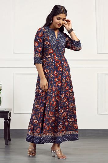 Womens Navy Blue Cotton Floral Printed Anarkali Maxi Length Kurta