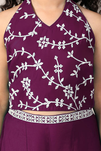 Girl's Win Silk Blend Embroidered Crop Top and Palazzo Set