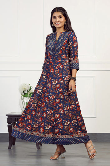 Womens Navy Blue Cotton Floral Printed Anarkali Maxi Length Kurta