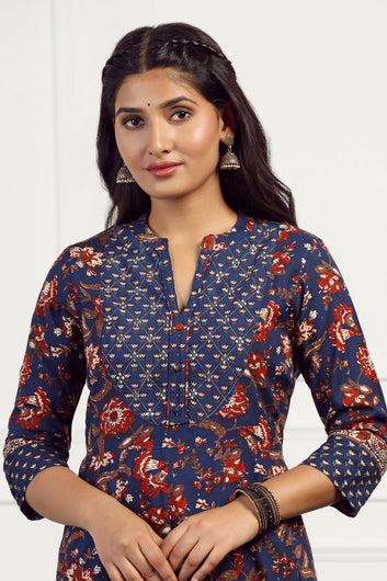 Womens Navy Blue Cotton Floral Printed Anarkali Maxi Length Kurta