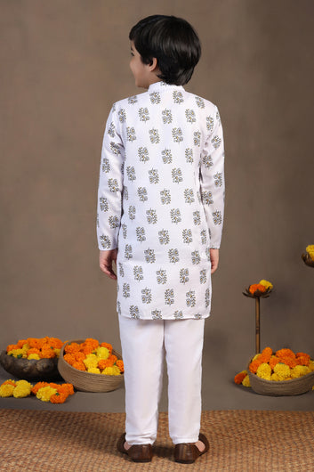 Boys White Cotton Blend Floral Printed Straight Kurta And Jacket With Payjama Set