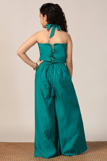 Girl's Teal Silk Blend Embroidered Crop Top and Palazzo Set