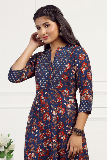 Womens Navy Blue Cotton Floral Printed Anarkali Maxi Length Kurta