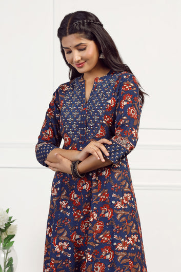 Womens Navy Blue Cotton Floral Printed Anarkali Maxi Length Kurta